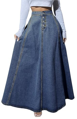 ebossy Women's Retro High Waisted Button Fly Flared Long Jean Skirts Pleated Flowy Swing A-line Denim Maxi Skirts (XS, Dark Blue)