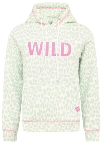 Zwillingsherz Damen Kapuzenpullover, Leopardenmuster in Pastellgrün, WILD-Schriftzug in Rosa Größe M