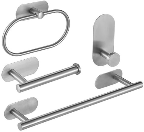 QAZXDRFG No Drilling Brushed Bathroom Accessories Sets Toilet Tissue Roll Paper Holder Towel Rack Bar Rail Ring Robe Hook Hardware,Brushed 4PCS Sets