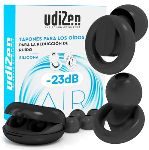 Tappi per Orecchie per Dormire Antirumore e Insonorizzanti - Riutilizzabili | UdiZen Air -23dB Inserti Auricolari per Viaggiare Studiare Ergonomici Riduzione Rumore SNR 23dB con Custodia Colore Nero