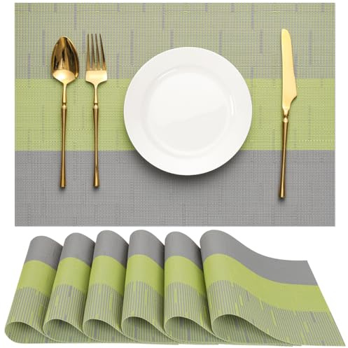 Chitomars Tischsets abwaschbar, Platzsets abwaschbar PVC Platzdeckchen | 6er Set Tischsets Outdoor Vinyl hitzebeständig Gewebte Platzdeckchen für Häuser Restaurants Hotel (Grau Grasgrün, 6er Set)