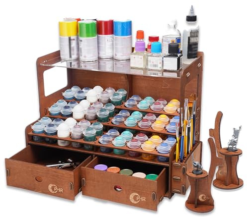 OPHIR Wooden Paint Rack for 60 Bottles with 2 Brush Holders & 2 Drawers | Paint Organizer with 1.42 Dia Holes for 12/18/24/60ml Model Paints, 2 Miniature Painting Handles for Miniature Painters