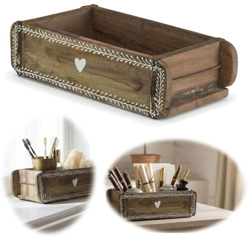LS-LebenStil Holz Aufbewahrung-Box Ziegelform Herz 31x15x9,5cm Original Unika Cutlery 1 Fach - Rustikal Braun Holzbox Holzkiste Holzkasten Pflanzkübel Ordnungsbox Allzweckkiste Aufbewahrungskiste