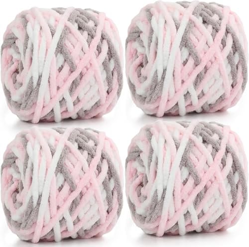 Xtrillogen 4x100g Chenille Wolle zum Häkeln,Chunky Wolle zum Stricken, Flauschig Häkelgarn Baumwolle, Bunte Chunky Yarn,Knitting Chenille Garn,Weben von Taschen, Schal,Decke,Mützen(Helles Puderbraun)