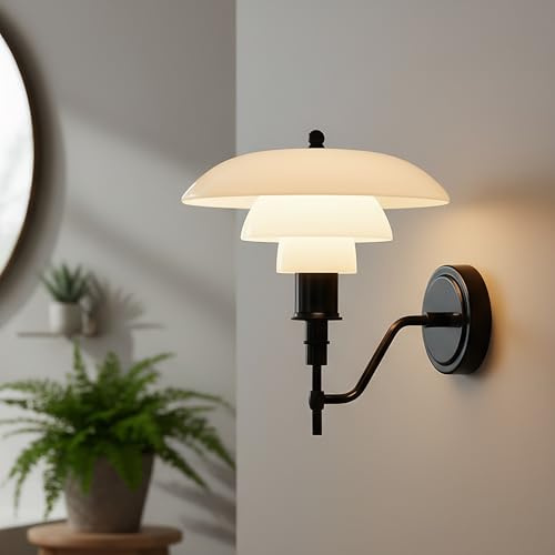 B·LED BARCELONA LED Design-Wandleuchte “Marshal” – Vintage Industrielle E27 Lampe, Dreifacher Opalglas-Schirm, Innen Bad Schlafzimmer Flur, Schwarz