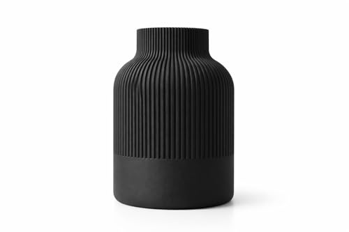 NOVA Deko Vase Modern Geriffelt – Minimalistische Blumenvase für Wohnzimmer, Tisch & Regal – Skandinavische Design Vase – 3D Druck Dekoration (Schwarz, 16 cm)