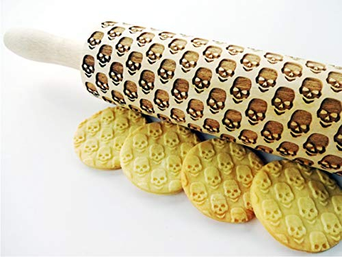 SKULLS Embossing Rolling Pin. Laser Engraved Dough Roller for Embossed Cookies and Pottery by Algis Crafts