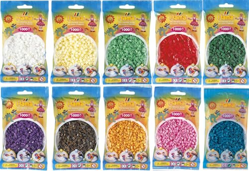 Happy Price Toys - Hama Midi Bügelperlen Konvulut - Weiss 01,Gelb 03,Rot 05,Hellgrün 11,Grün 10,Lila 07,Braun 12,Teddybärenbraun 60,Pastell Pink 48,Petrol 83 (10 Farbenmix1)