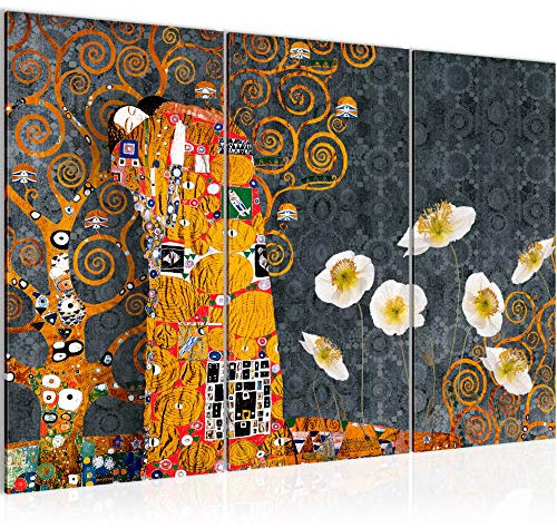 Runa Art Gustav Klimt Le Baiser Peinture Tableau Salon XXL Gris Jaune Collage 120 x 80 cm 3 Parties Decoration Murale 021531c