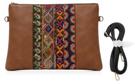 NOVAGO Compatible avec iPad Mini/Galaxy Tab A8 A9 / iPad 9.7 / Air 2 / iPad 6/5 - Pochette Bandoulière Multiusage Tablette 6-10'' et Maquillage Strass Fait Main (Marron coloré)