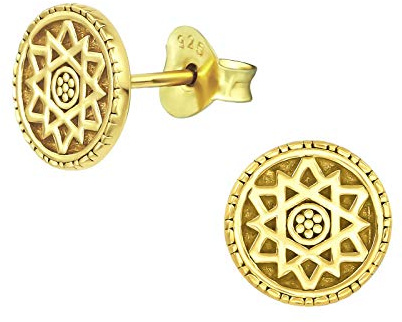 Laimons Damen-Ohrstecker Mandala Sonnen Scheibe Platte 8 mm glanz vergoldet aus Sterling Silber 925