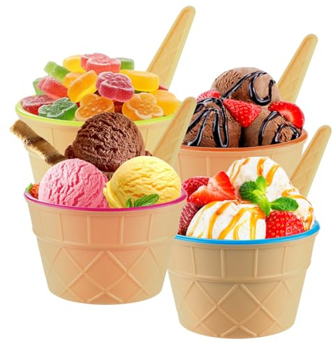 Dessert Bowls, 4 Pack Ice Cream Bowl Spoon Set,Frozen Yogurt Cups with Spoons Durable Plastic Candy Color Lovely Dessert Bowl DIY Ice Cream Tools for Festive Party Favor Kids Gift