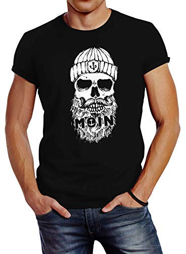 Neverless® Herren T-Shirt Moin Totenkopf Hamburg Skull Print Motiv Bart schwarz XL