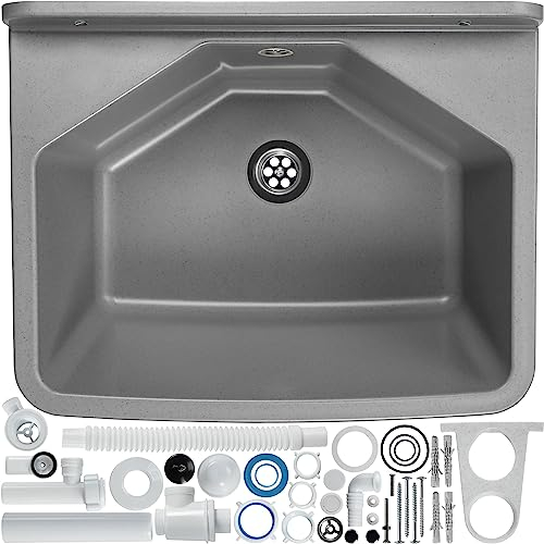 gospo Lavabo avec siphon 46 x 37 x 20 cm - Lavabo en plastique pour garage, cave, buanderie, atelier, montage mural, en plaque, évier avec accessoires (gris)