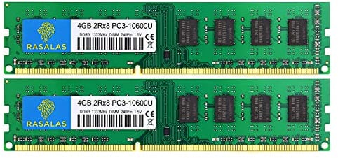 Rasalas 8GB Kit (2x4GB) PC3-10600 DDR3-1333 PC3 10600U Arbeitsspeicher DDR3 2Rx8 PC3-10600U 1333 MHz DDR3 1.5V CL9 240-pin Speicher Module für Desktop