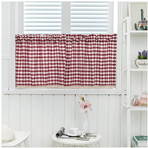 DAIHAN Kurzstores Gardinen Küche Kurz Fenster Küchengardine Scheibengardine Bistrogardine Landhausstil Modern Vintage Vorhänge Kurzvorhang Kariert Fensterdekoration,Weinrot,135x45cm(53x17)(1er Pack)