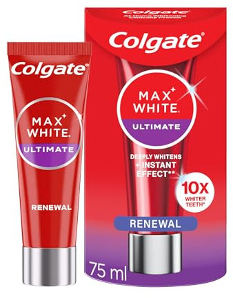 Colgate Max White Ultimate Renewal Whitening Toothpaste 75ml - 10X Whiter Teeth* - Instant Teeth Whitening Toothpaste^ - Deeply* Whitens - Helps Prevent Future Stains - Enamel Safe For Daily Use