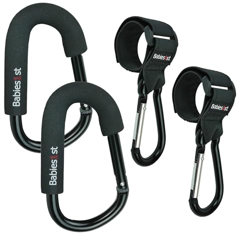 Babies1st Spar Set: Große Karabiner 14 cm (2-er Set) und rutschfeste Kinderwagen Karabiner mit Premium Klettverschluss (2-er Set)