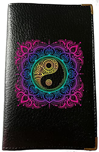 Syl'la Protection Porte Carte Grise papiers Voiture permis Noir en Cuir pour Femme (Mandala Ying Yang)