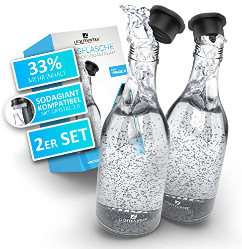 LICHTENWERK® 2X Premium Glasflasche kompatibel mit Sodastream Crystal 2.0 [33% MEHR SPRUDEL] - Edle Glaskaraffe mit mehr Volumen - Trinkflasche Sprudeln - Kohlensäure geeignet - Spülmaschinenfest
