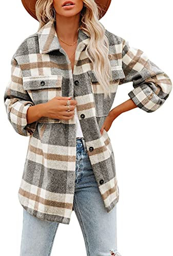 shownicer Surchemise Femme Veste à Carreaux Chemise Décontracté Oversized Chemisier Blouse à Manches Longues Bûcheron Manteau avec Bouton Gris M