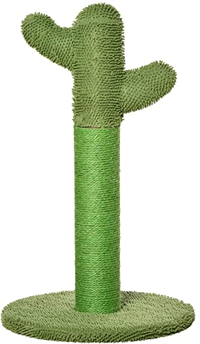 PawHut Albero Tiragraffi per Gatti Adulti e Gattini a Forma di Cactus, Corda Sisal e Base in Legno, 40x40x65 cm, Verde