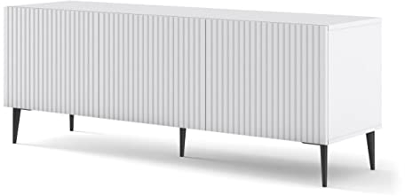 BIM Furniture TV-Schrank Ravenna B 150 cm 3D mit gefräster Front Hochwertiges MDF Metallbeine Lowboard Schrank Sideboard Kommode Fernsehtisch (Weiße Matte, Schwarze Beine)