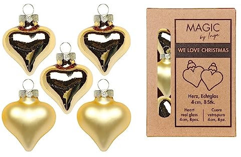 Christbaumschmuck Herzen Glas 4cm x 8 Stück in Kartonbox Weihnachtskugeln Set (Inkagold)