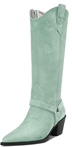 Aachcol Donna Western Cowboy Stivali Metà polpaccio Pull-Up a Punta Chunky Blocco Medio Tacco Heel Dress Scarpe Scamosciato Cerniera Turchese Verde 6.5 CM 40 EU