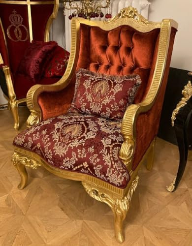 Casa Padrino Luxus Barock Ohrensessel mit dekorativem Kissen Rot/Bordeauxrot Muster/Gold - Luxus Wohnzimmer Sessel im Barockstil - Barock Möbel - Barock Einrichtung - Edel & Prunkvoll