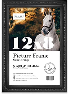 Almost Frameless 12x8 Black Ornate Picture Frame 12x8(30.5x20.3cm) Poster, Photo, Artwork, or Print. Antique Style Portrait and Landscape Display with Wall Hooks