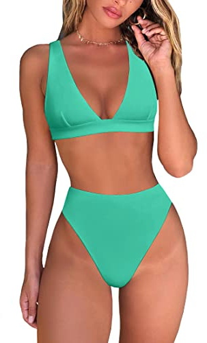 Fatty Tiger Womens High Waisted Thong Bikini Sets Sexy Brazilian Triangle Top Deep V Neck Two Piece Swimsuit Bathing Suits, Green, Small
