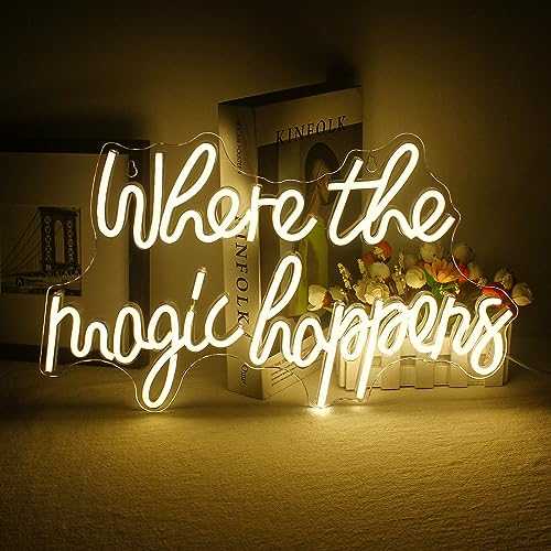 Where the Magic Happens Leuchtreklame LED Weiß Wort Leuchtschild für Wand Buchstaben Neon Schild Neonlicht Acryl Neon Sign für Schlafzimmer Hochzeit Geburtstag Deko Party Schild