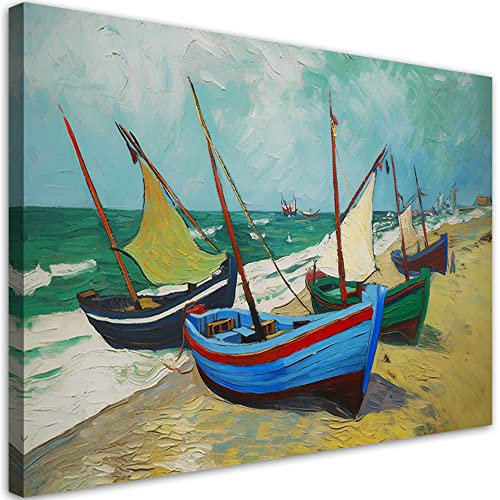 Feeby Wandbilder 45x30 cm 1 tlg Modern Leinwandbilder Bild auf Leinwand Kunstdruck Wand Bild Wanddeko Design Schlafzimmer Büro Flur Hotel Spa Wohnzimmer Boote Auf Der Strand mehrfarbig