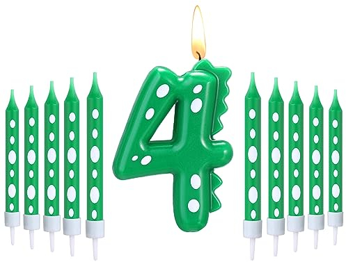 Herdear Grüne Dino Geburtstagskerzen für Jungen 1 Stück Dinosaurier Zahlenkerze und 10 Stück Lange Dünne Kerzen für Alle Geburtstag Zubehör Dinosaurier Thema Party Kuchen Geburtstagsdeko (Zahlen 4)