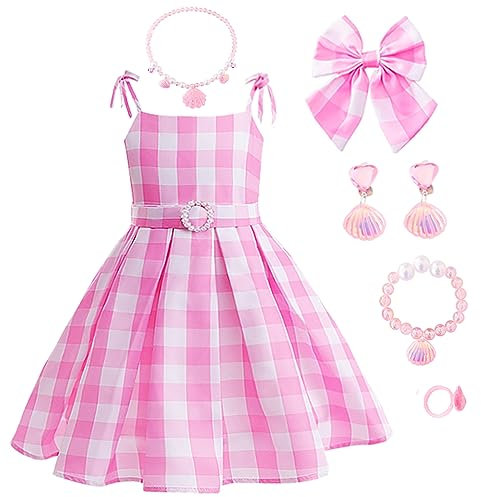 Uivic Costume da Bar-bie per ragazze, vestito per cosplay del film Margot Robbie, vestito a quadretti rosa e bianchi, per feste di compleanno (rosa 1 con accessori, 7 anni-8 anni)