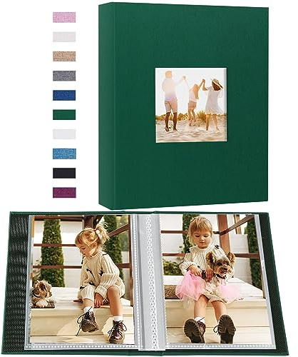 Miaikoe Kleines Fotoalbum, 15 x 10 cm, 50 Taschen, 2er-Pack, Einsteckalbum, Leinen, Buch für 100 vertikale Fotos im Format 10 x 15 cm, für Familie, Hochzeit, Baby, dunkelgrün