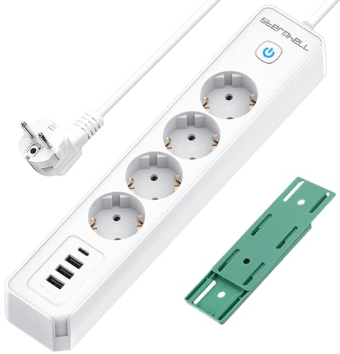 Steckdosenleiste mit 4 USB Mehrfachsteckdose mit Schalter, 4 Fach Mehrfachstecker Wandmontage Steckerleiste Überspannungsschutz 3680W Verteilersteckdose mit USB C Power Strip Büro,1.8M Kabel Weiß