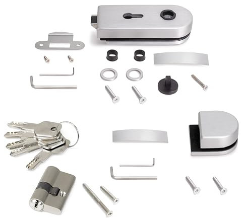 Emuca - Kit de serrure et de gâche pour portes en verre doubles, loquet horizontal pour porte en verre 8-12mm, acier et aluminium, anodisé mat