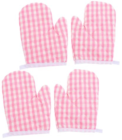 Cabilock 4 Piezas Guantes De Microondas Los Niños Juegan Guante De Horno Guantes De Cocina a Cuadros Mitones Poliéster Horno Microondas Suministros para Hornear Rosa Alumnos