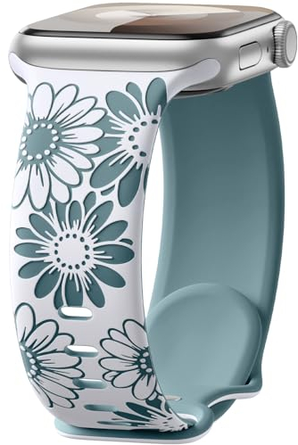 Maledan Floral Gravierte Armband Kompatibel mit Apple Watch Armband 45mm 44mm 42mm 46mm 49mm Damen, Zweifarbige Blume Silikon Band für iWatch SE Series 11 10 9 8 7 6 5 4 3 2 1 Ultra,Weiß/Tannengrün