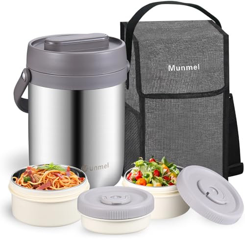 Munmel Adults Lunch Vacuum Soup Thermos For Hot Food with Inserts Stackable Bento Box Storage Container,Width Mouth Stainless Steel Portable Insulated Food Jar (silvery, 74 oz)
