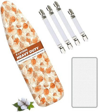 EcoNour Bügelbrettbezüge, 124 x 38 cm, extra dick, 7 mm Polsterung, 100 % Baumwolle, einfache Passform, zum Schutz des Bügelbrettbezugs, komplettes Set mit 4 Schnüren und kratzfester Polsterung, groß