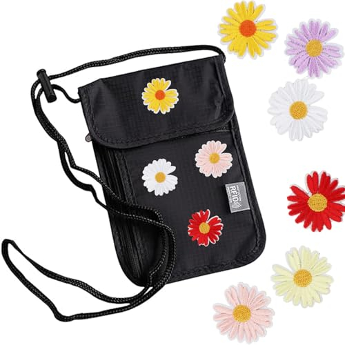 Brustbeutel Unisex Reisegeldbeutel Mit Rfid-Schutz Geldbörse Zum Umhängen Brustbeutel Damen Herren Für Passport, Münzen Und Reise Zubehör (Wird Mit Einem Floral Bestickten Aufnäher Geliefert)