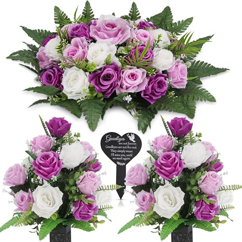 Pexu Flores de cementerio para tumba, silla de flores de lápida + ramos de rosas + decoraciones de cementerio de corazón para tumba, flores de tumba para cementerio, 3 juegos + decoración adicional