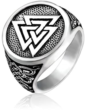 RobertDTesta Viking Odin Triangel Symbol Edelstahl Ring Herren Vintage Valknut Celtic Knot Symbol Ring Krieger Lokomotive Bänder Schmuck,Silber,13