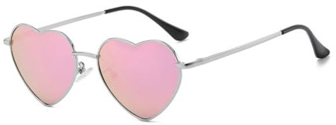qinqilanqi-S Polarisierte herzförmige Sonnenbrille Damen Männer Hippie Brille Vintage Liebe Sonnenbrille für Festival Party Gold Metallrahmen mit UV-Schutz (Silber/Rosa reflektierend)