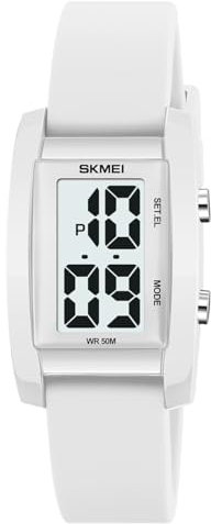 findtime Relojes de mujer impermeables para mujer, relojes digitales para mujer, reloj deportivo con números de impresión grandes, fácil de leer con retroiluminación LED, blanco, Correa