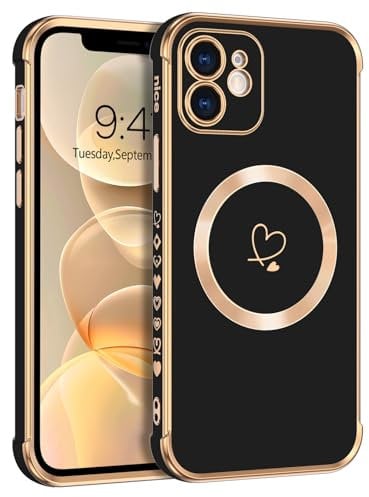 Telaso Magnetische Hülle für iPhone 12, Handyhülle für iPhone 12 Niedliches Herz Muster [ Kompatibel mit MagSafe ] Weiche Plattierung Abdeckung für Frauen, Schutz der Kamera, Schwarz