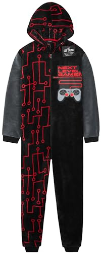 Get Trend Pyjama Grenouillère Polaire Garçon et Ado, Tenue de Cocooning à Capuche, Style Gaming, Idée Cadeau Gamer (11-12 Ans, Noir Gaming)
